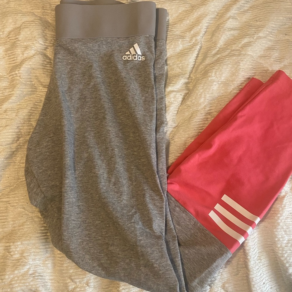 Grey adidas leggings with pink bottom